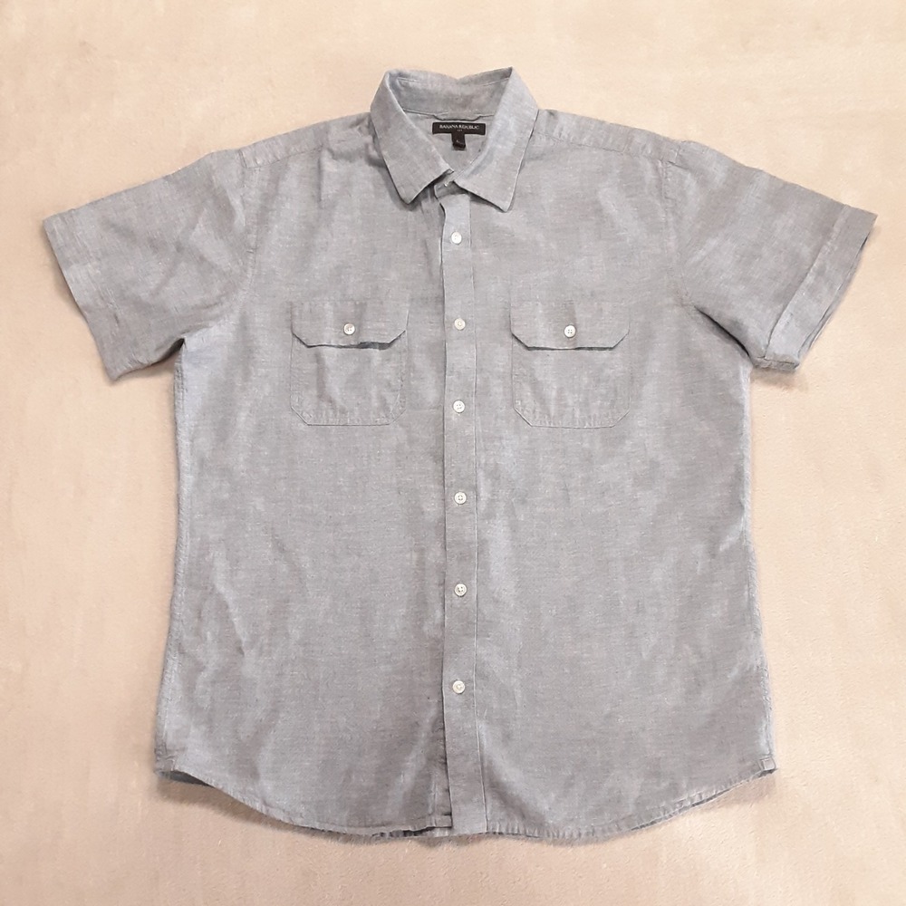 Banana Republic Mens SS Linen Cotton Button Shirt Large Solid Blue Chambray